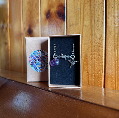 Amethyst, Barbed Wire & Hummingbird Necklace