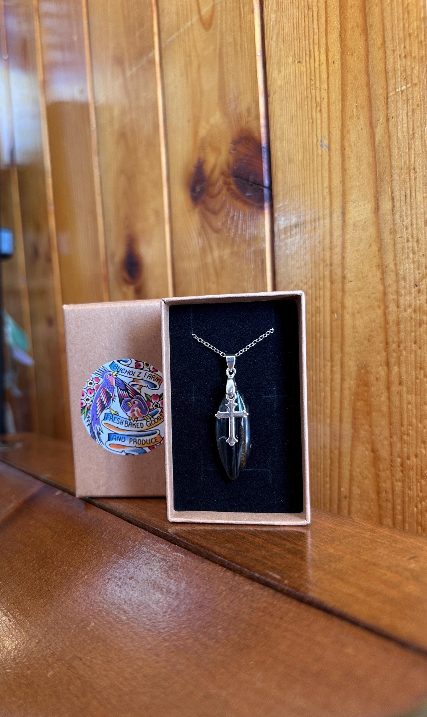 Blue Tigers Eye (Hawkes Eye) & Cross Necklace
