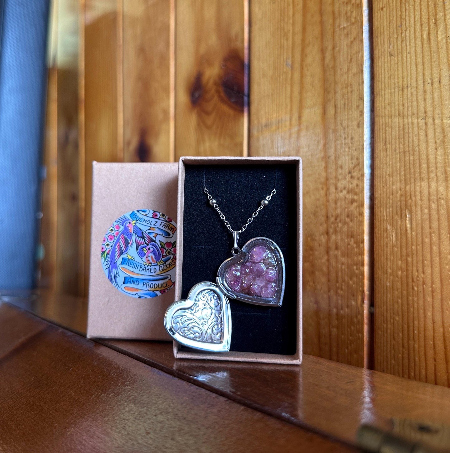 Pink Tourmaline Encased in Floral Heart Locket